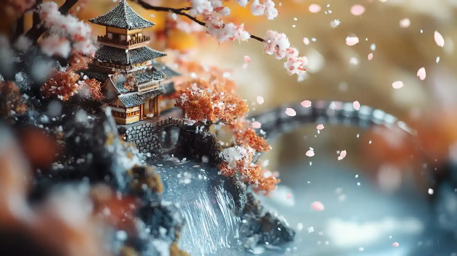 Miniature Japanese Castle By River In Soft Warm Light