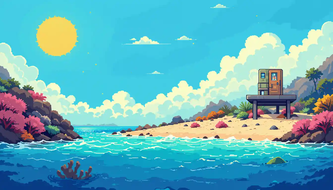 Pixel art beach with sea coral and bright sun