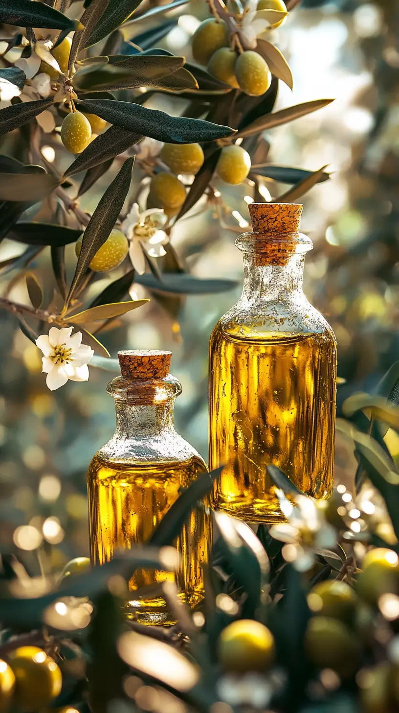 Close up still life of olive oil bottles and olives