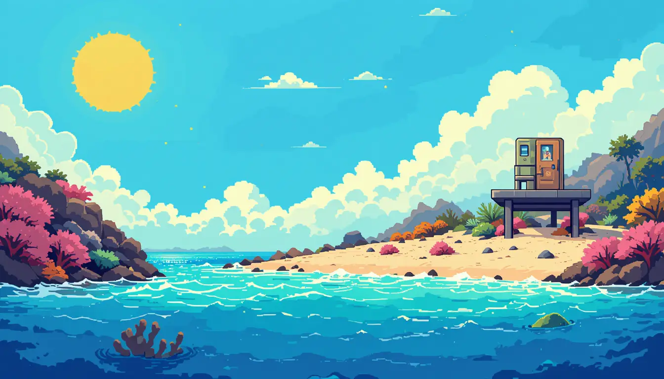 Pixel art beach with sea coral and bright sun