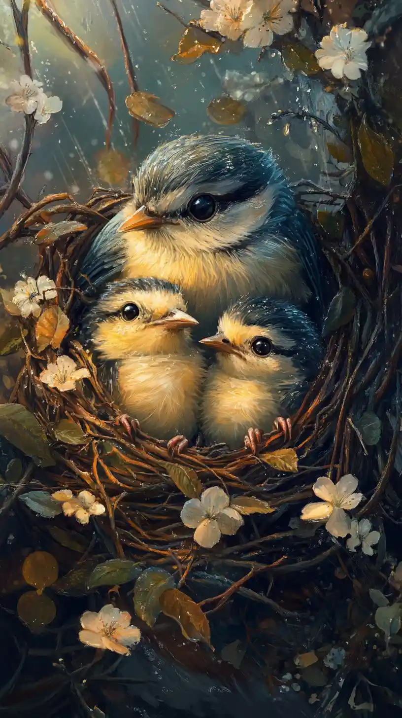 Mother bird cuddling her chicks in a cozy nest