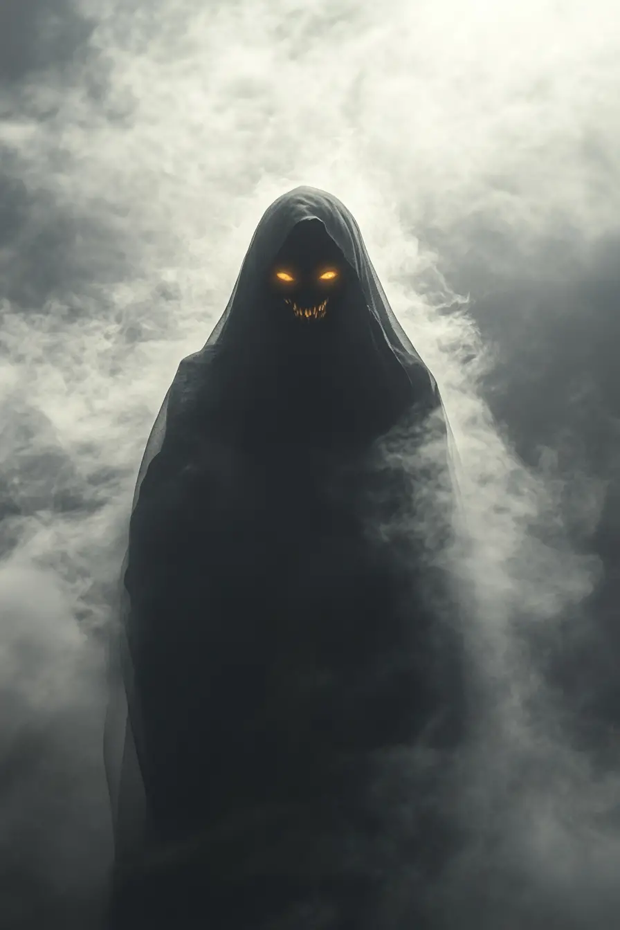 Cloaked woman fading into fog with glowing smoky eyes