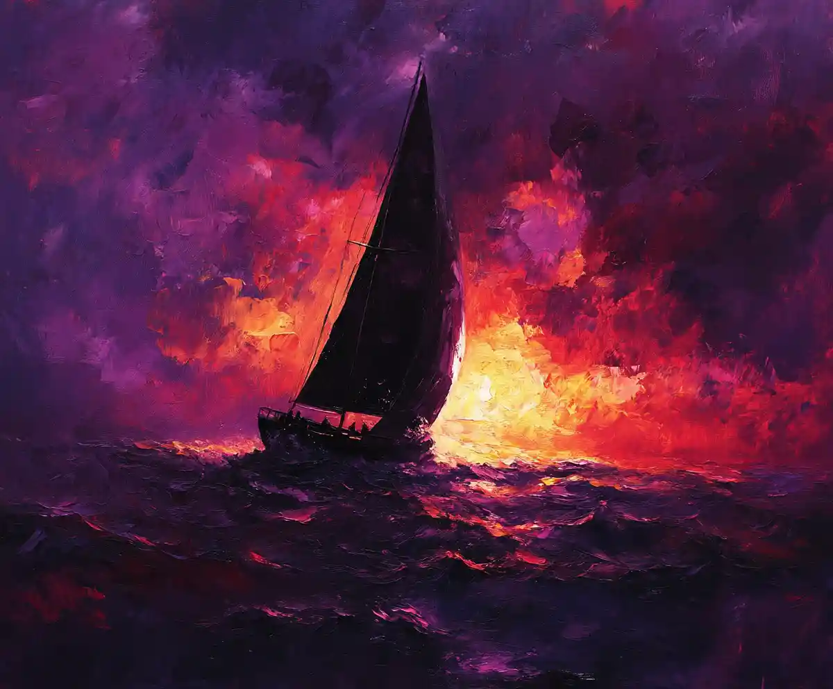 Dark Purple Sea With Lone Sailboat In Oil Painting