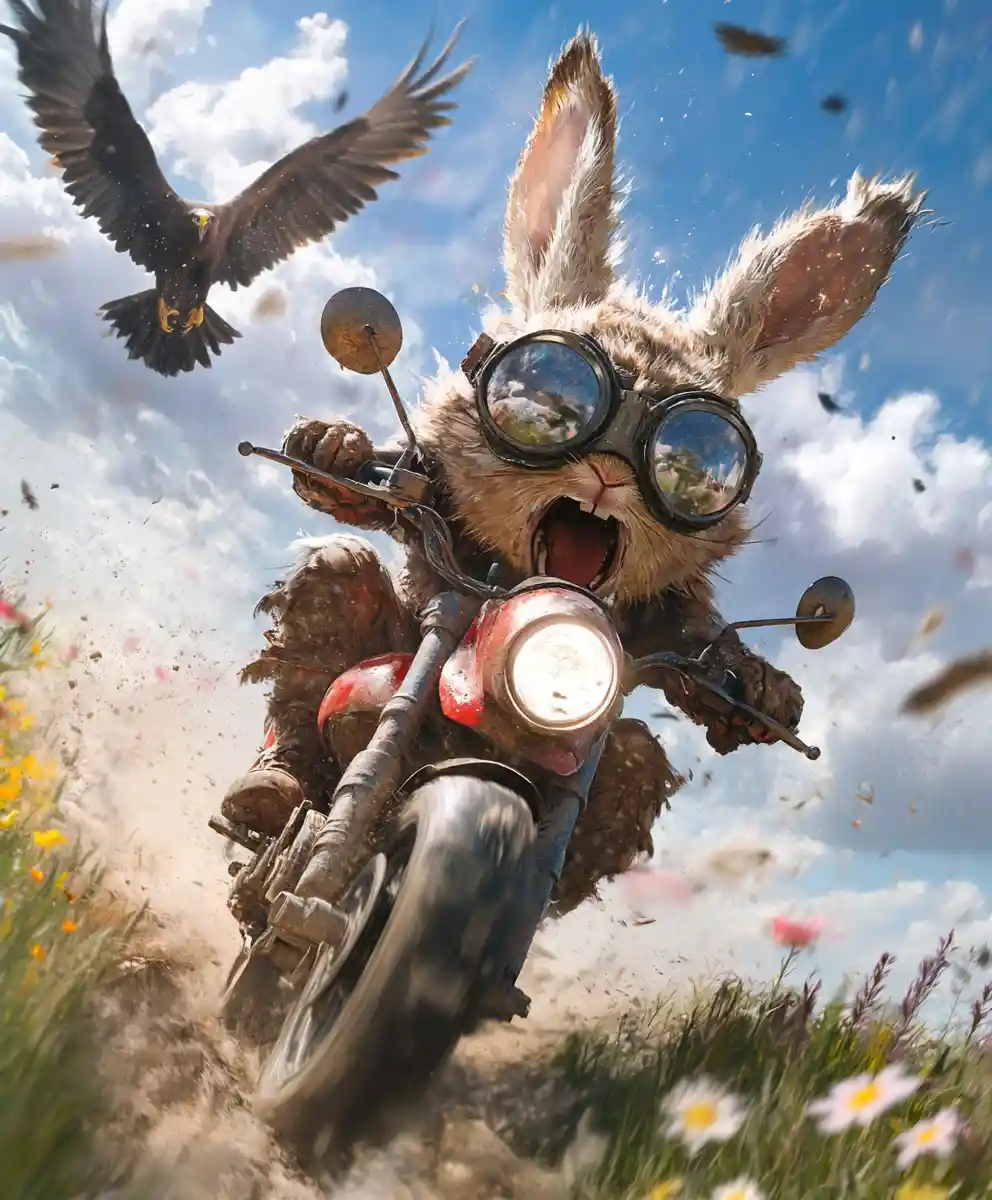 Startled rabbit racing a motorcycle across a meadow