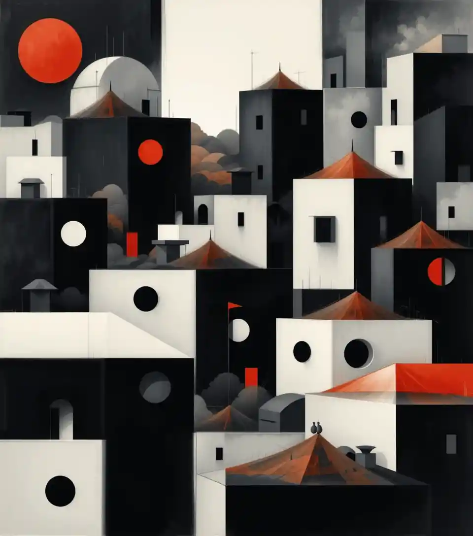 Geometric cityscape of abstract buildings and rooftops in primary colors