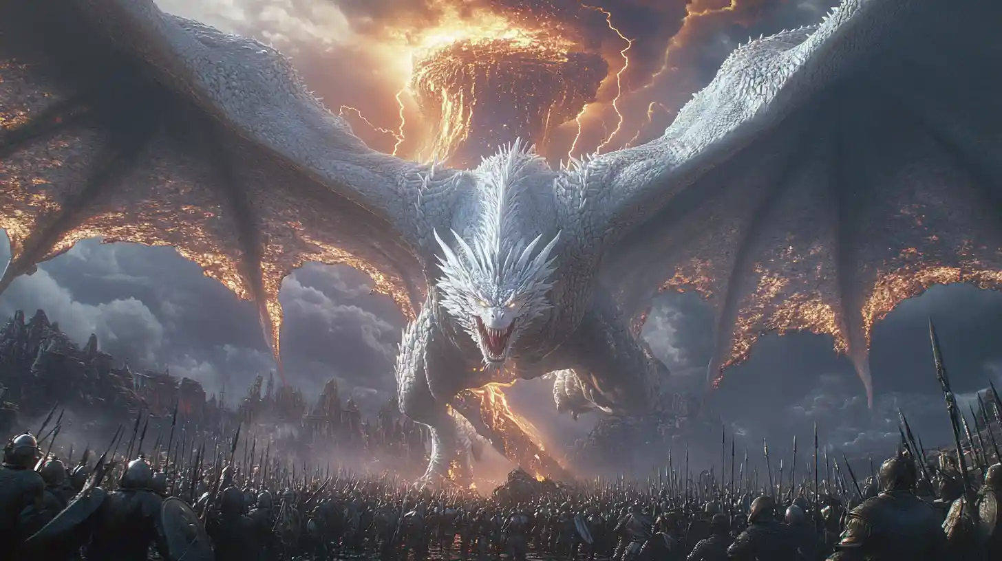 White dragon unleashing lightning against dark stormy sky
