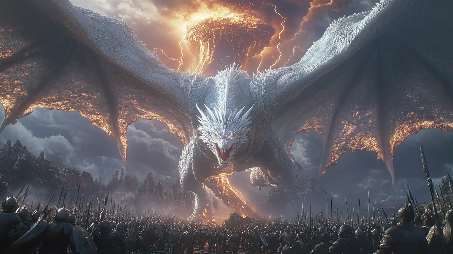 White dragon unleashing lightning against dark stormy sky