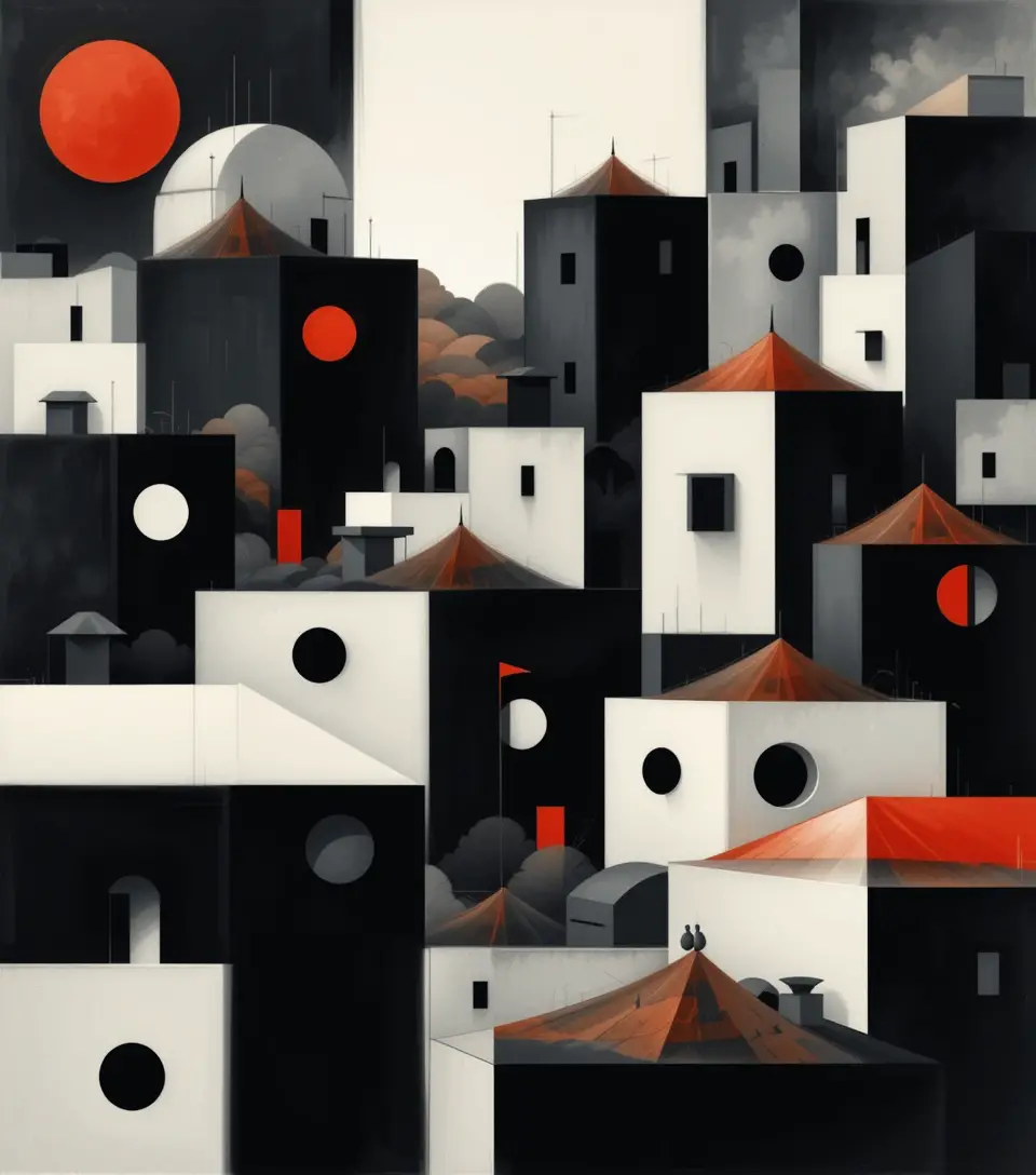 Geometric cityscape of abstract buildings and rooftops in primary colors