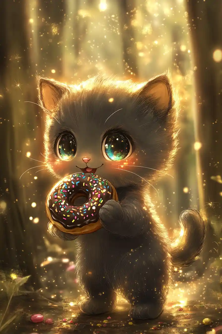 Gatinho fofo de anime com donut em floresta brilhante