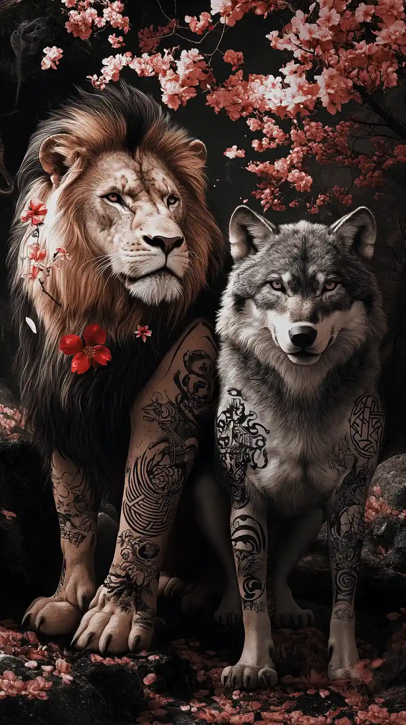 Majestic Lion With Tribal Tattoos In Full Body View