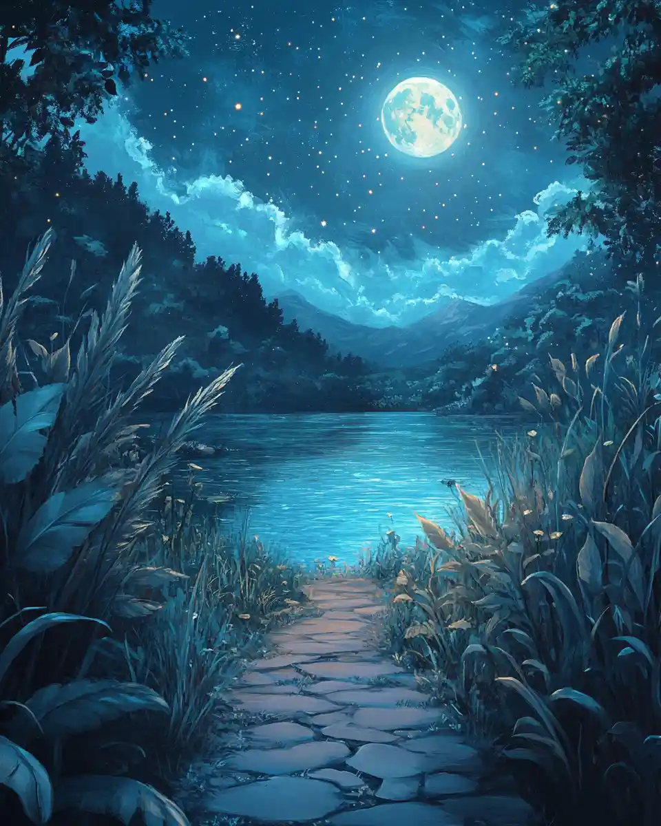 Moonlit stone path leading to a tranquil fantasy lake