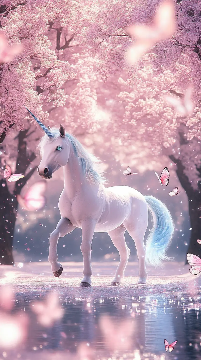 Iridescent unicorn between blooming sakura trees in snow