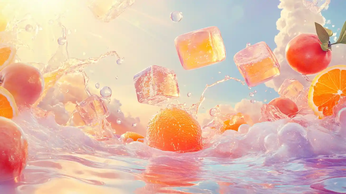Surreale Aquarell-Eiswürfel über einem pastellfarbenen Ozean