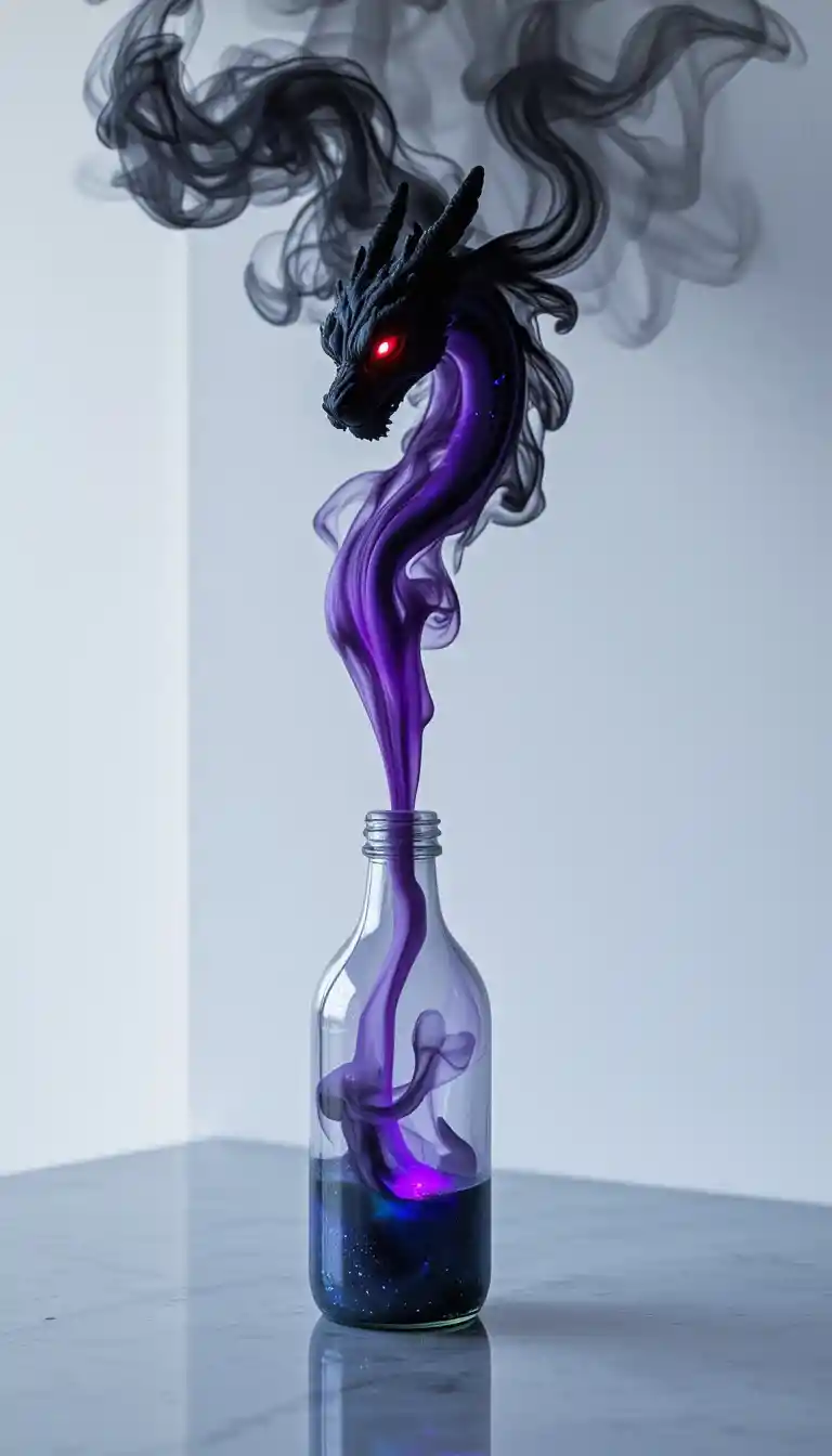 Bioluminescent Smoke Dragon Emerging From Clear Bottle