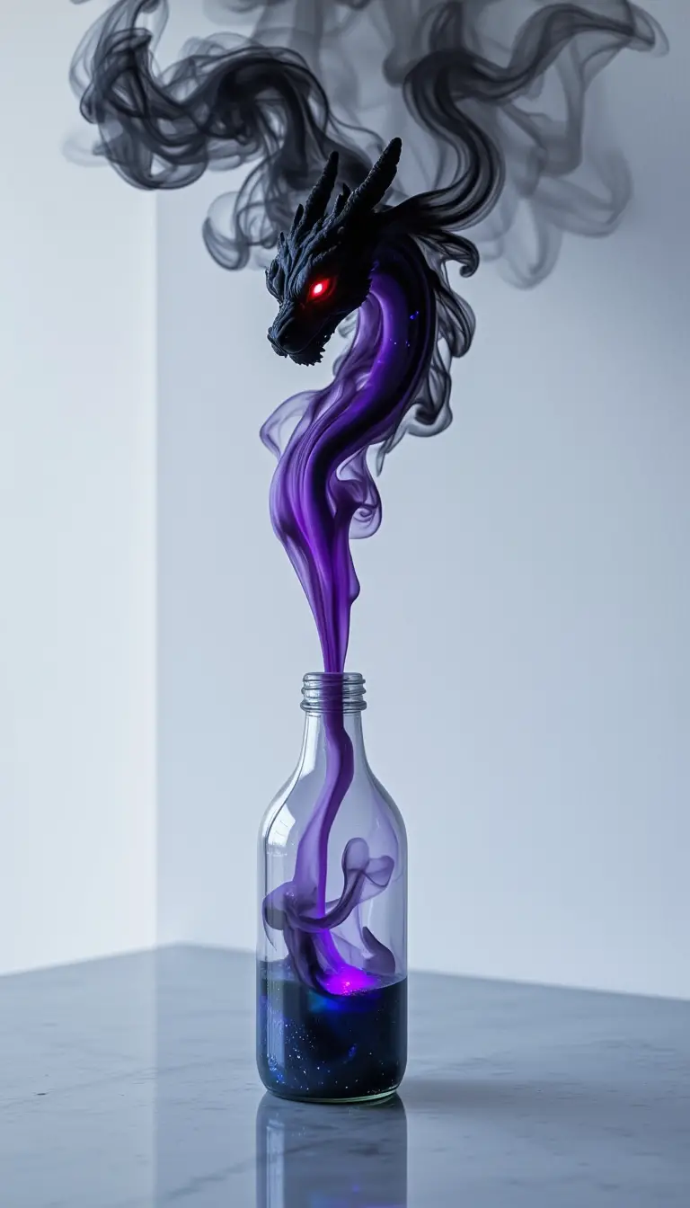 Bioluminescent Smoke Dragon Emerging From Clear Bottle