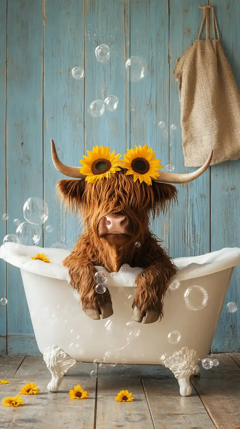 Highland cow in clawfoot tub with sunflower crown