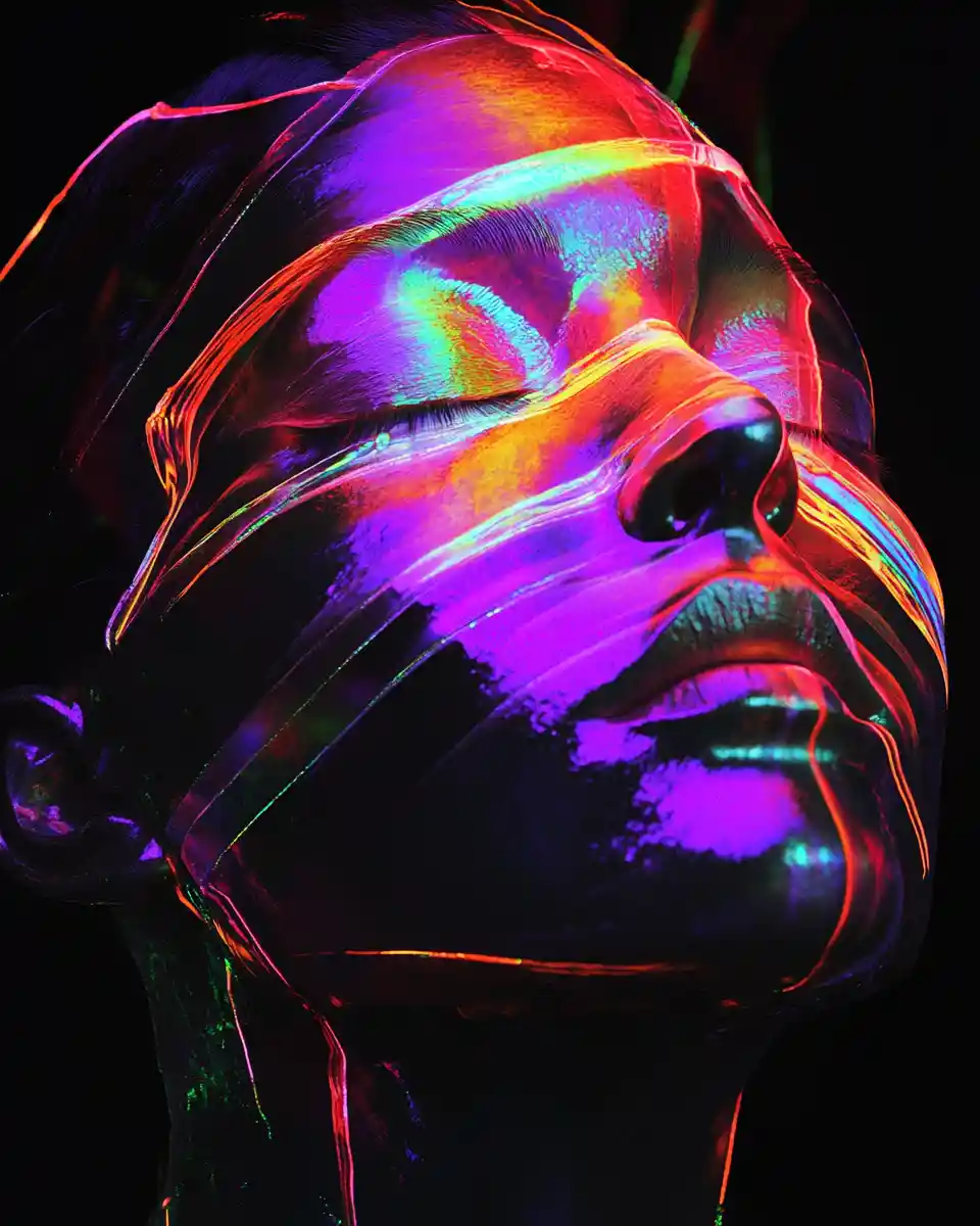 Holographic neon glow art on dark abstract background