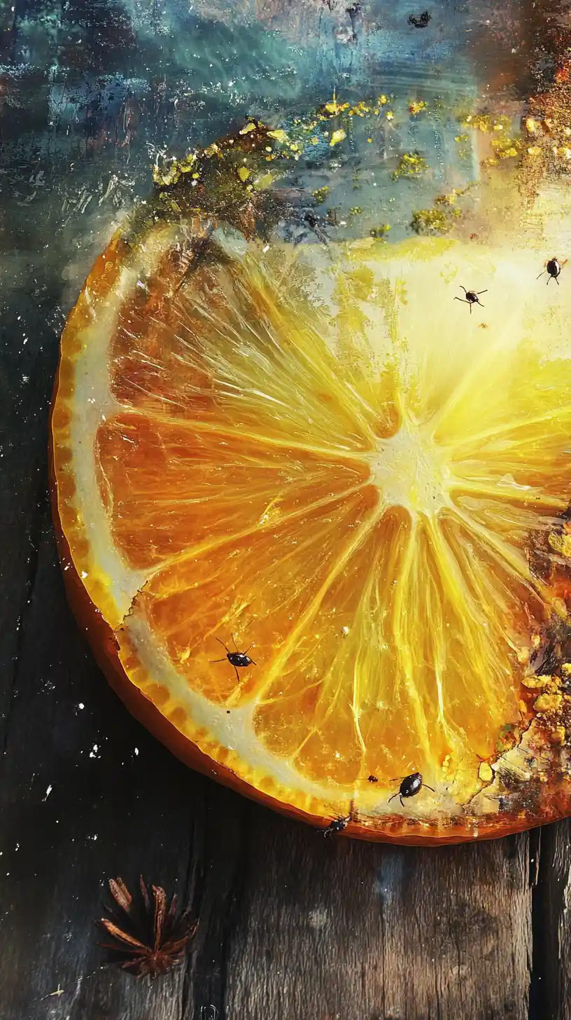 Double exposure citrus slice on rustic wooden tabletop