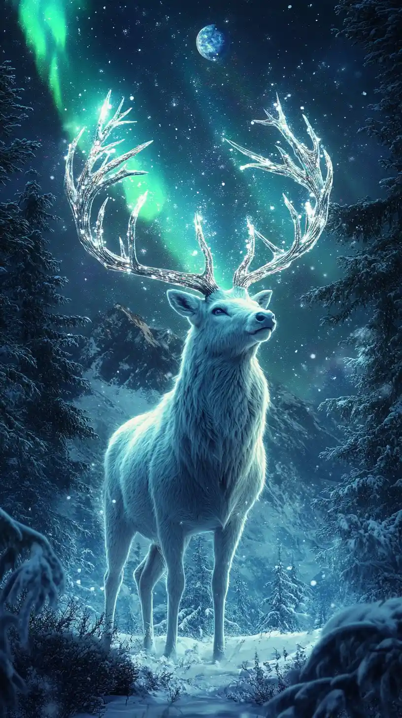 White stag beneath glowing aurora in frozen valley
