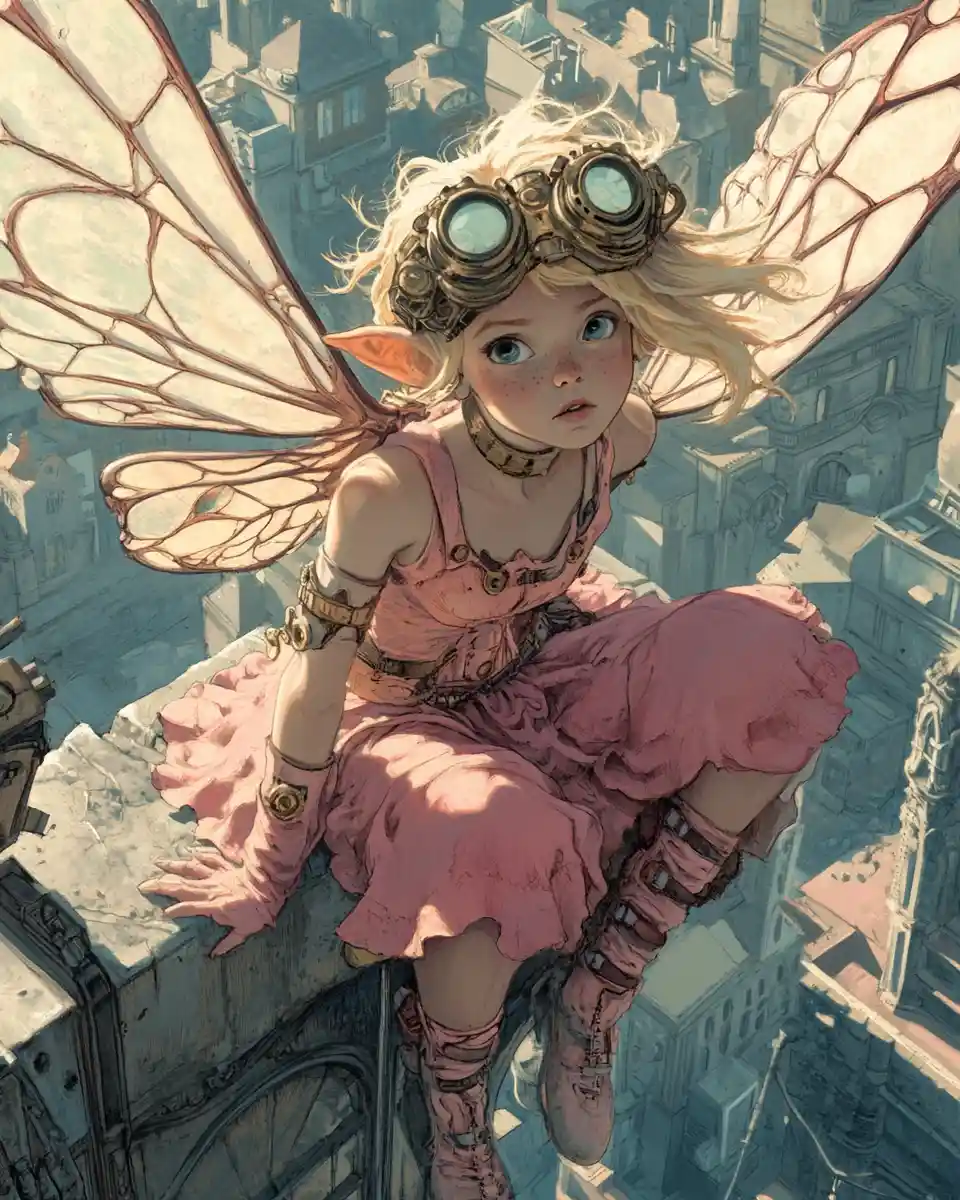 Steampunk fairy princess with mechanical wings on city ledge