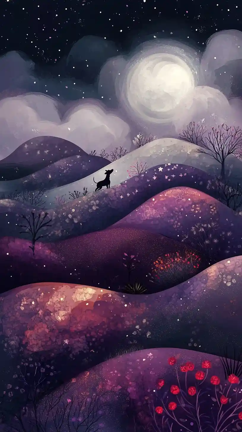 Surreal fantasy hills with a small dog howling at moon