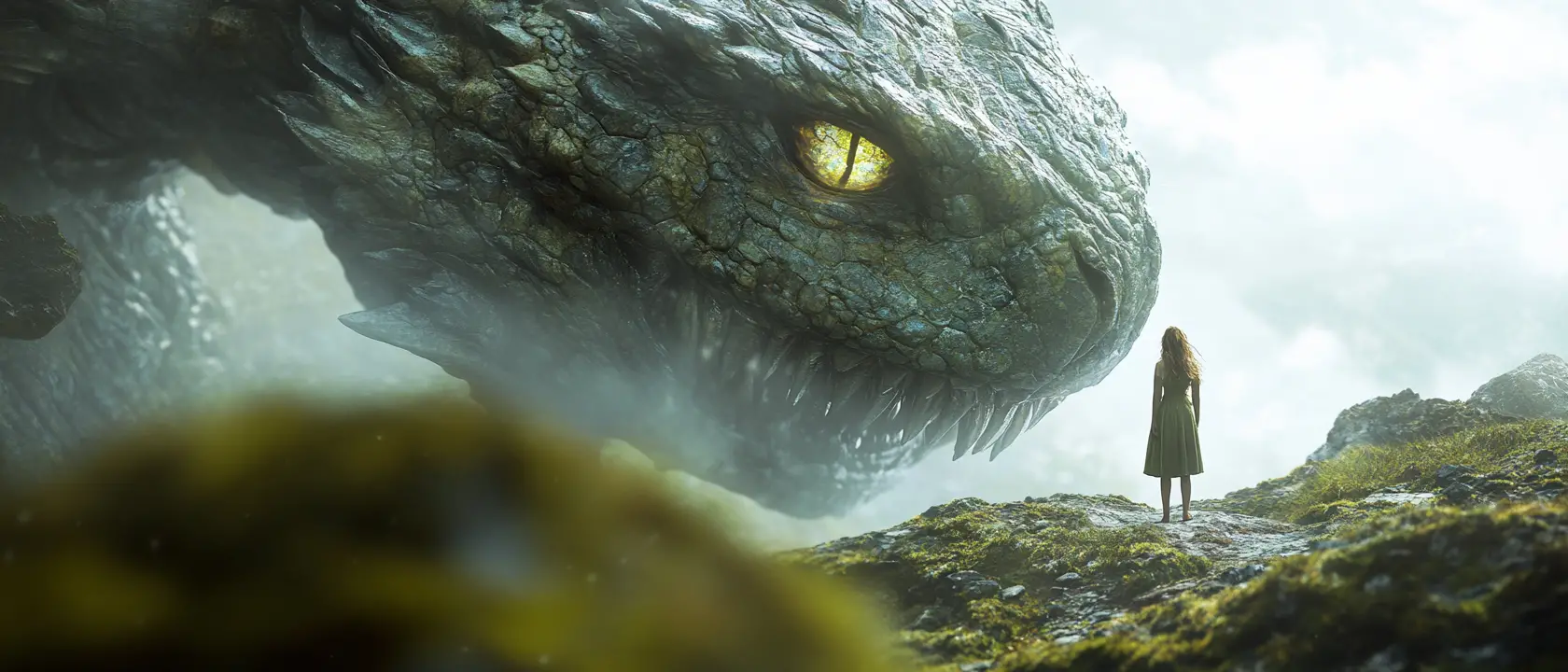 Girl facing colossal celestial dragon in misty light