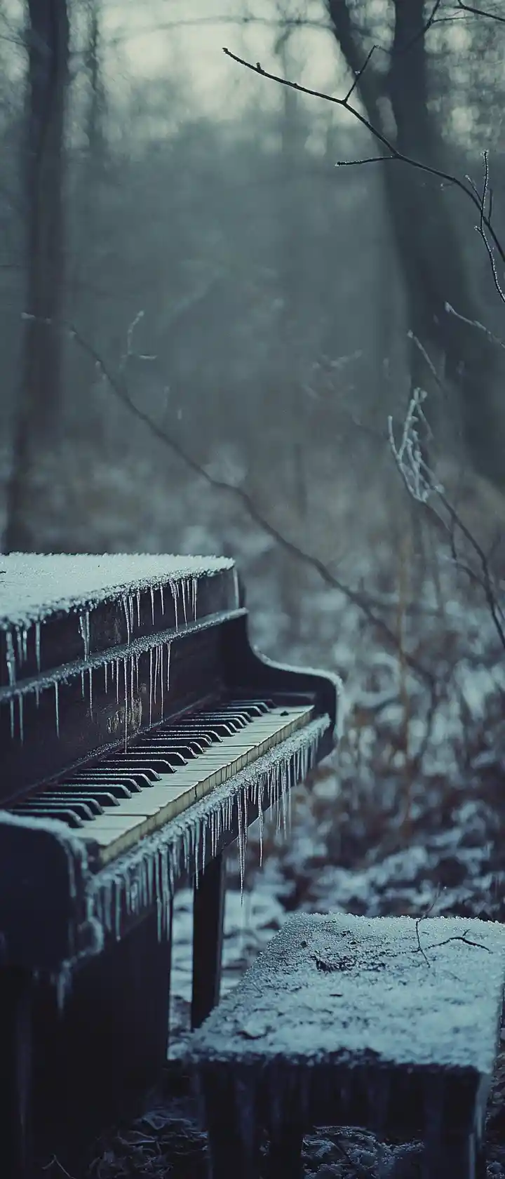 Abandoned piano in a quiet winter forest scene