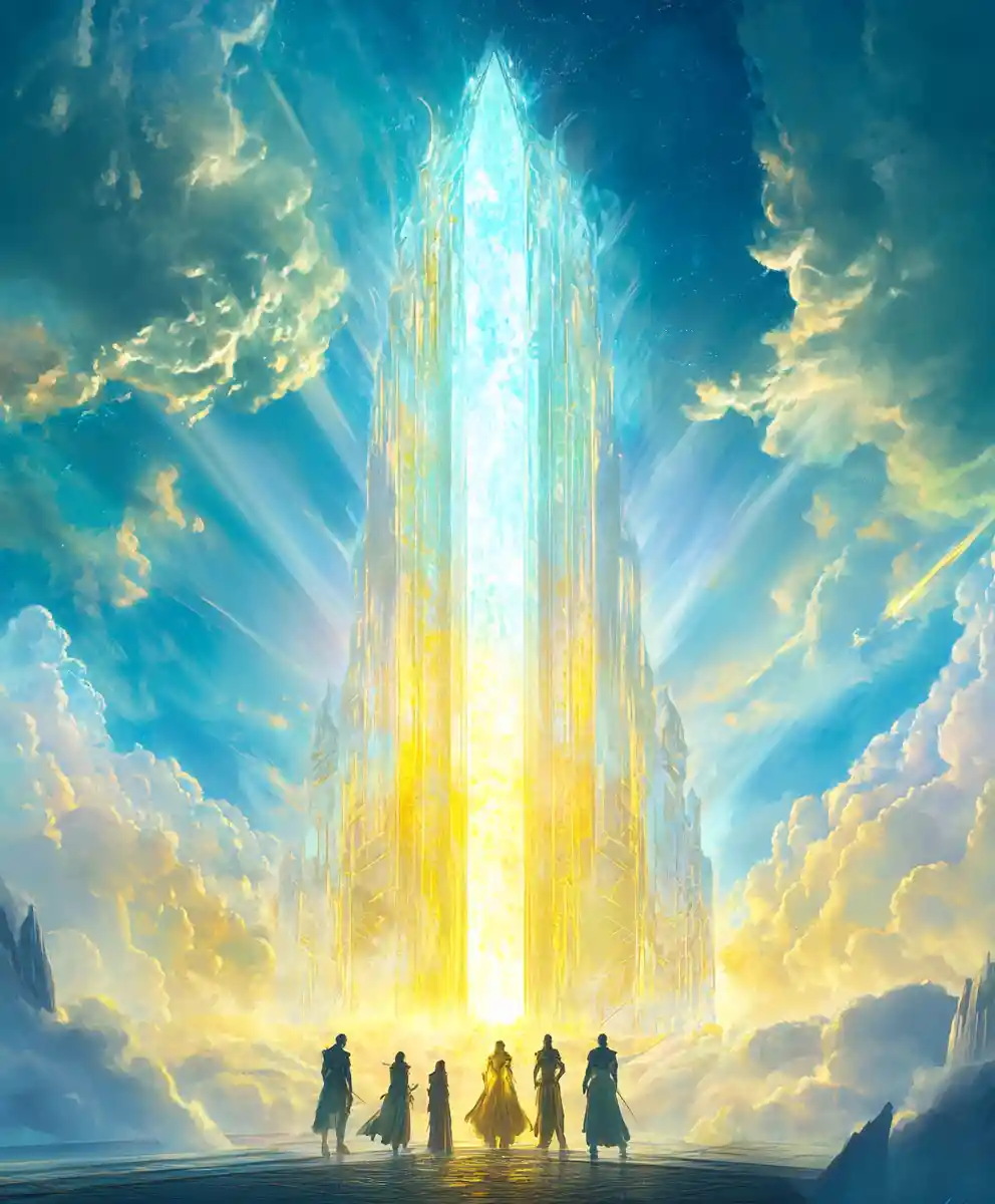 Adventurers Before A Glowing Fantasy Temple Gate