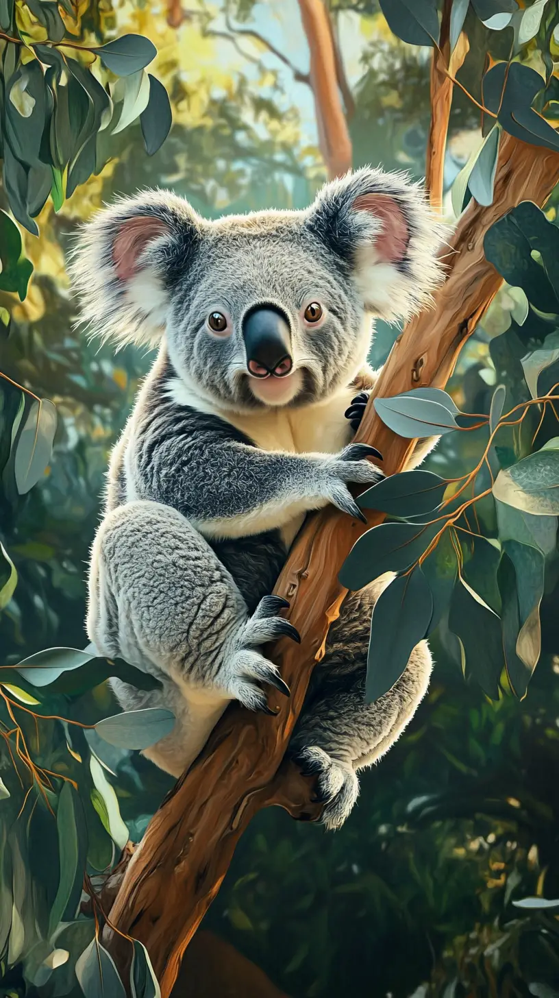 Adorable koala sur une branche d’eucalyptus dans une forêt verdoyante