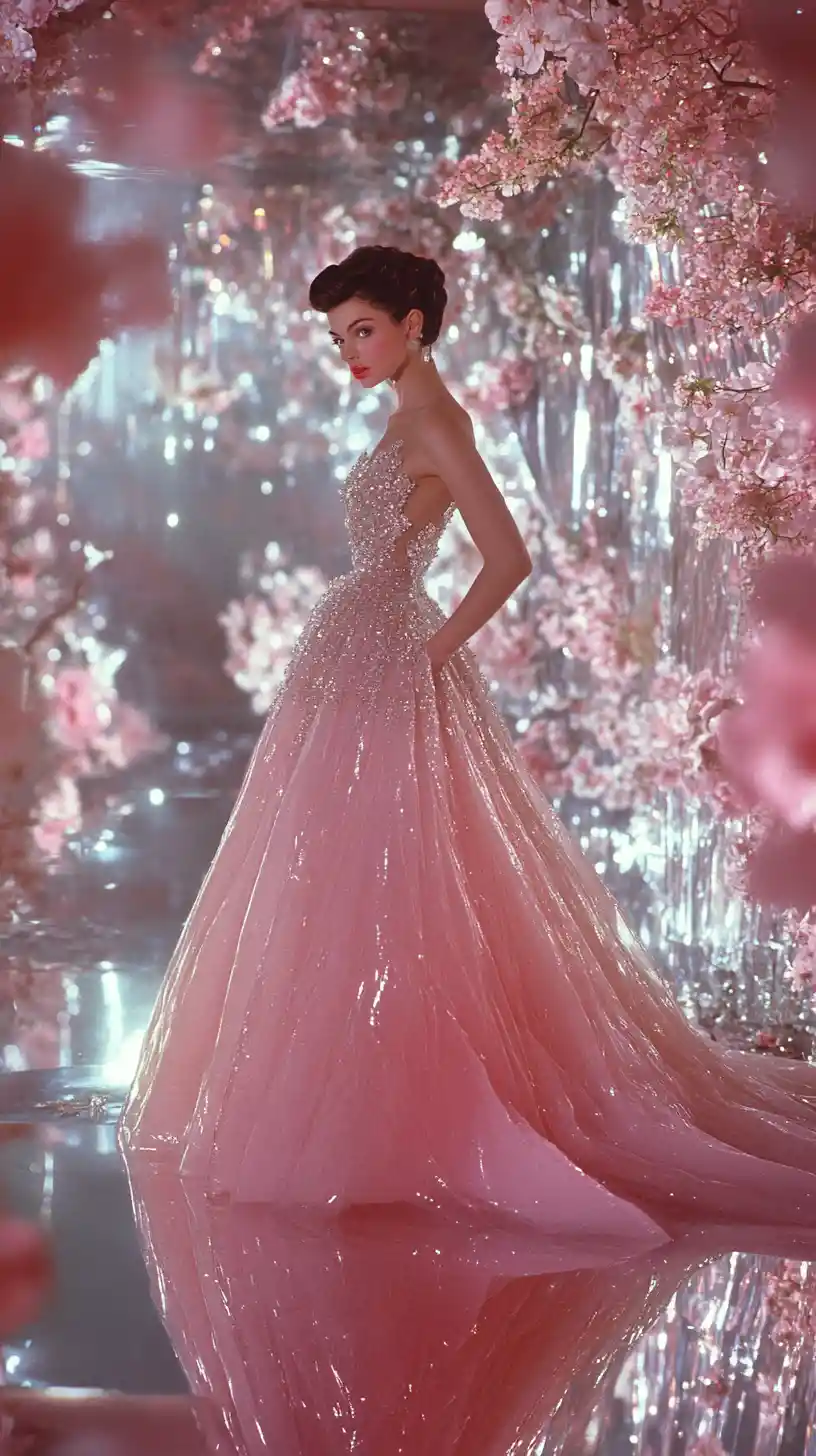 Elegante modella di moda su una passerella rosa a specchio
