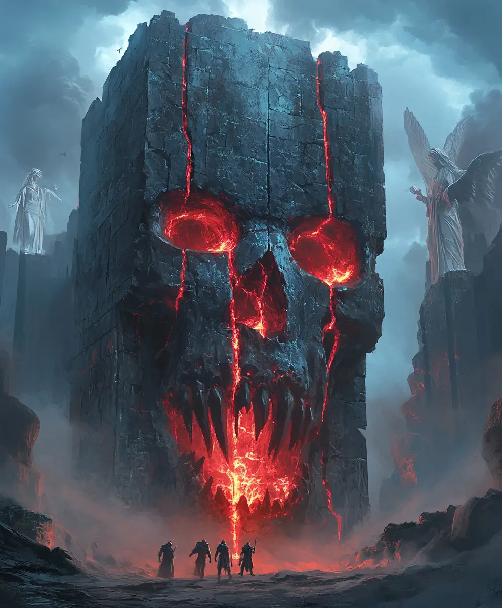 Adventurers Facing A Skull Shaped Gate Of Dark Stone