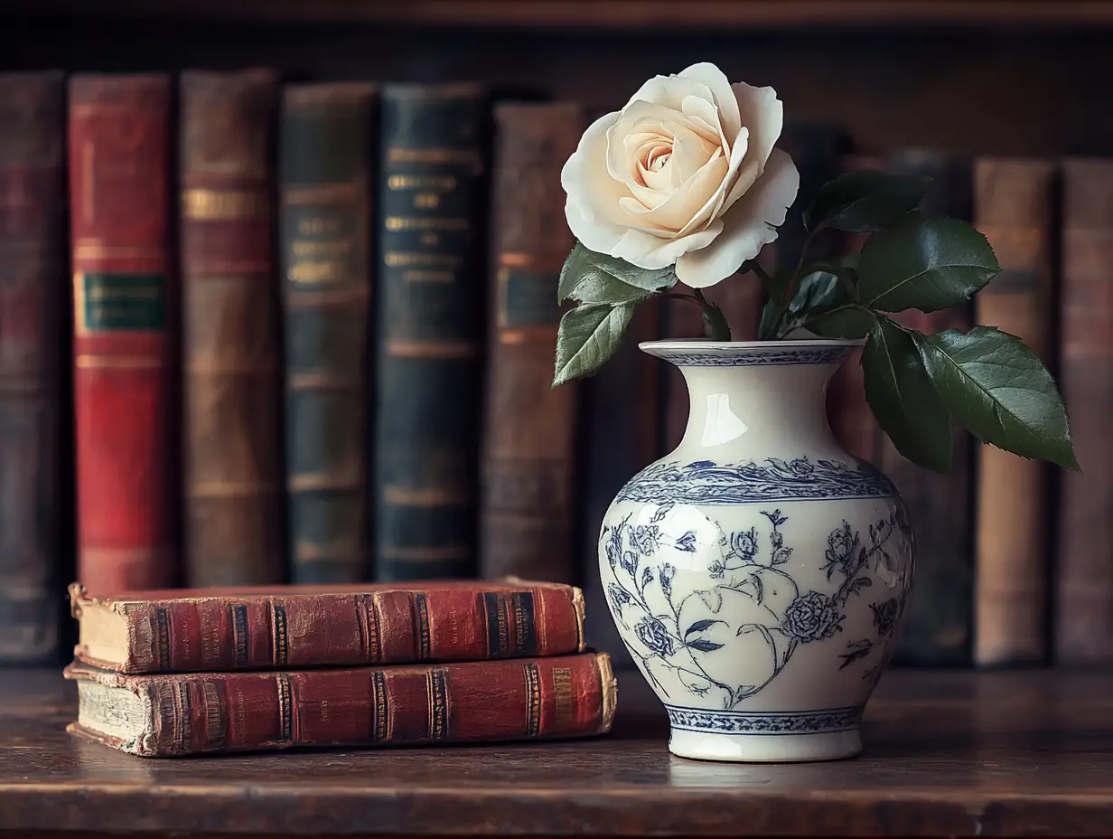 Fine art still life of books and white rose on desk