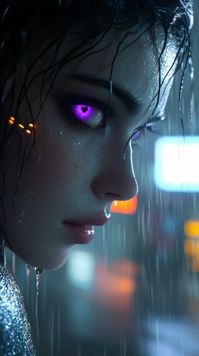Gothic cybernetic vampire woman on a stormy rooftop