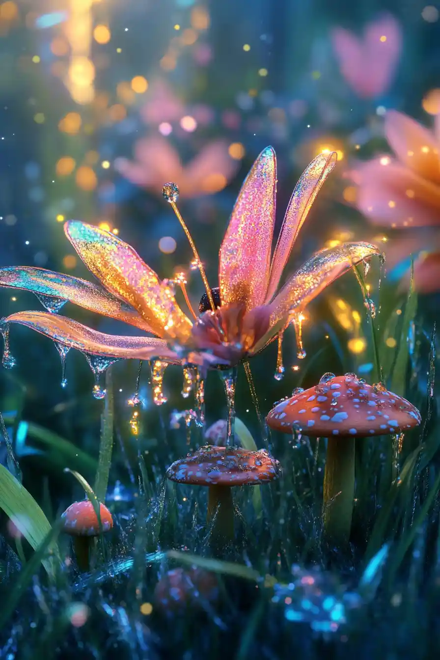 Anime Fairies Playing With Dewdrops In Enchanted Garden