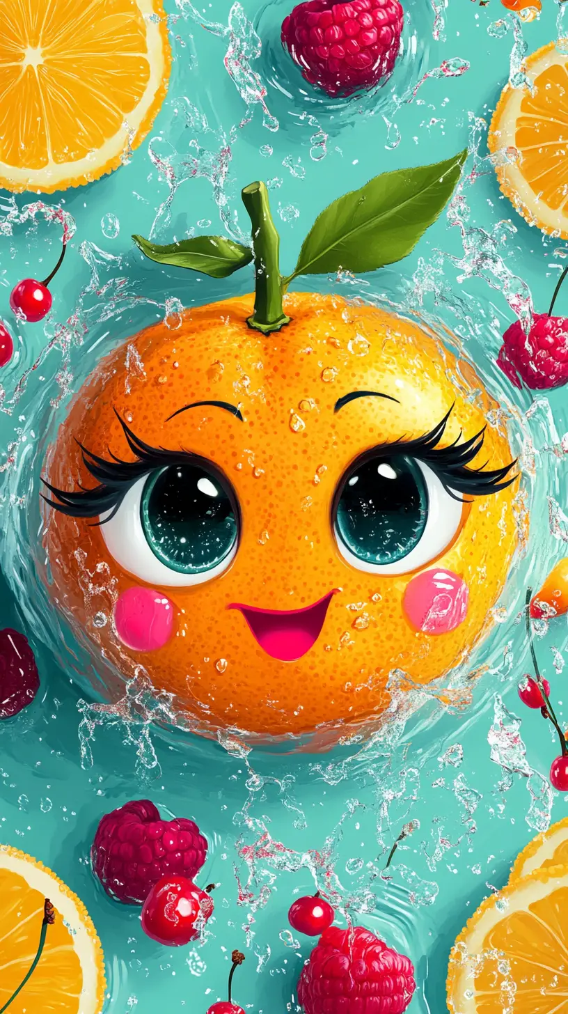Playful Cartoon Orange Fruit With Summer Berries
