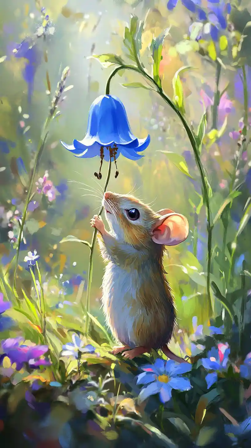 Little mouse ringing a blue bellflower in a meadow