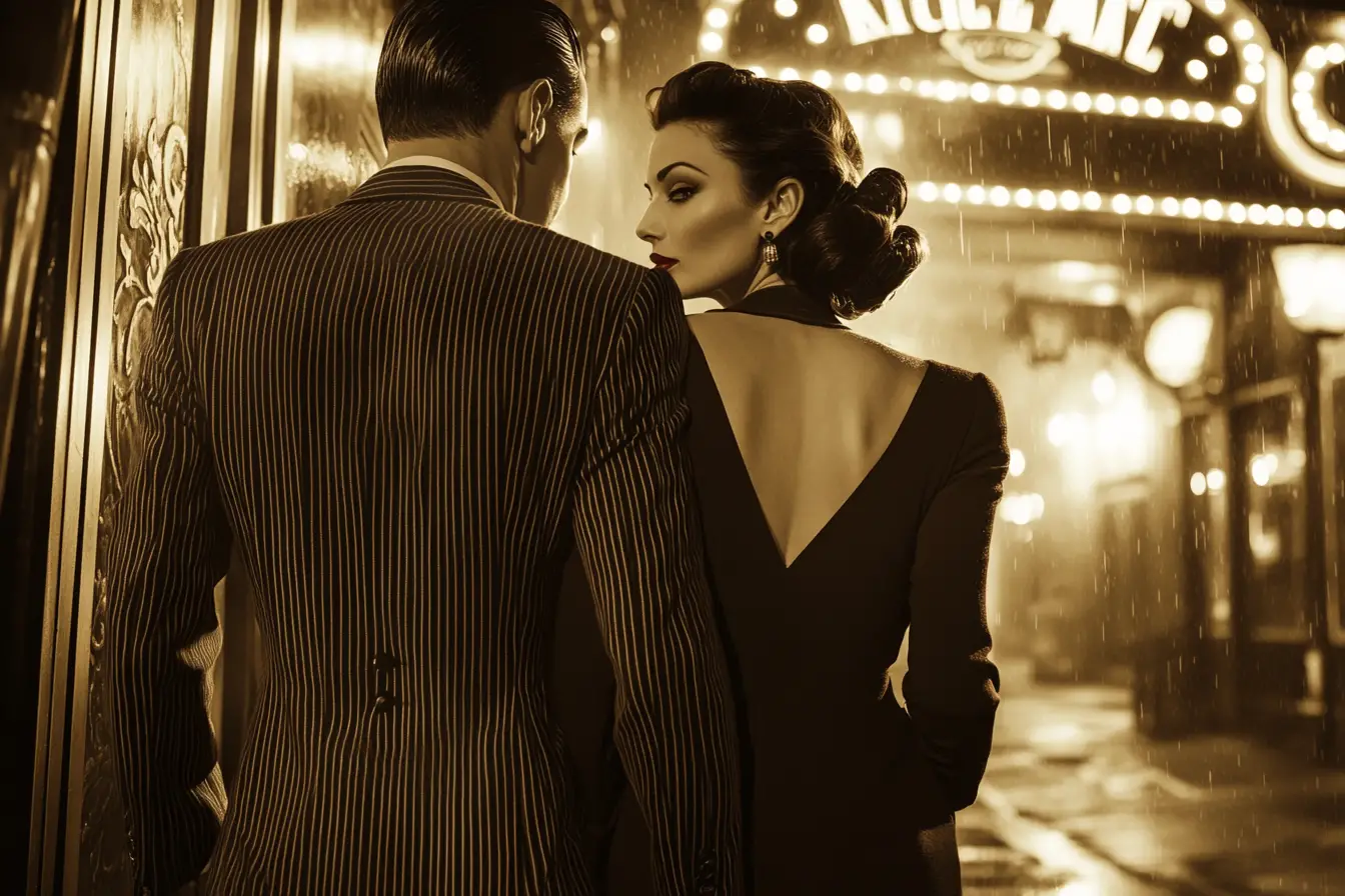 Vintage couple walking into glowing noir cafe entrance