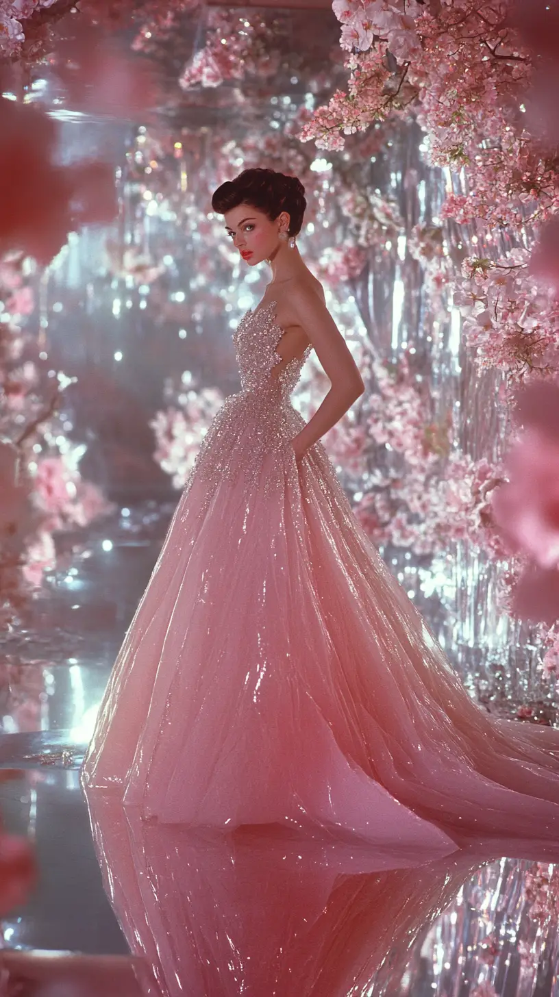Elegant fashion model on a mirrored pink runway