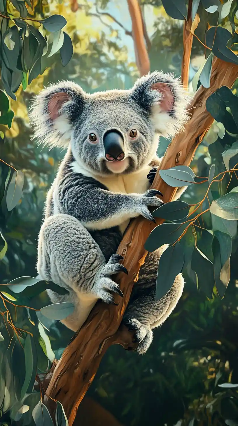 Cute koala on eucalyptus branch in lush green forest