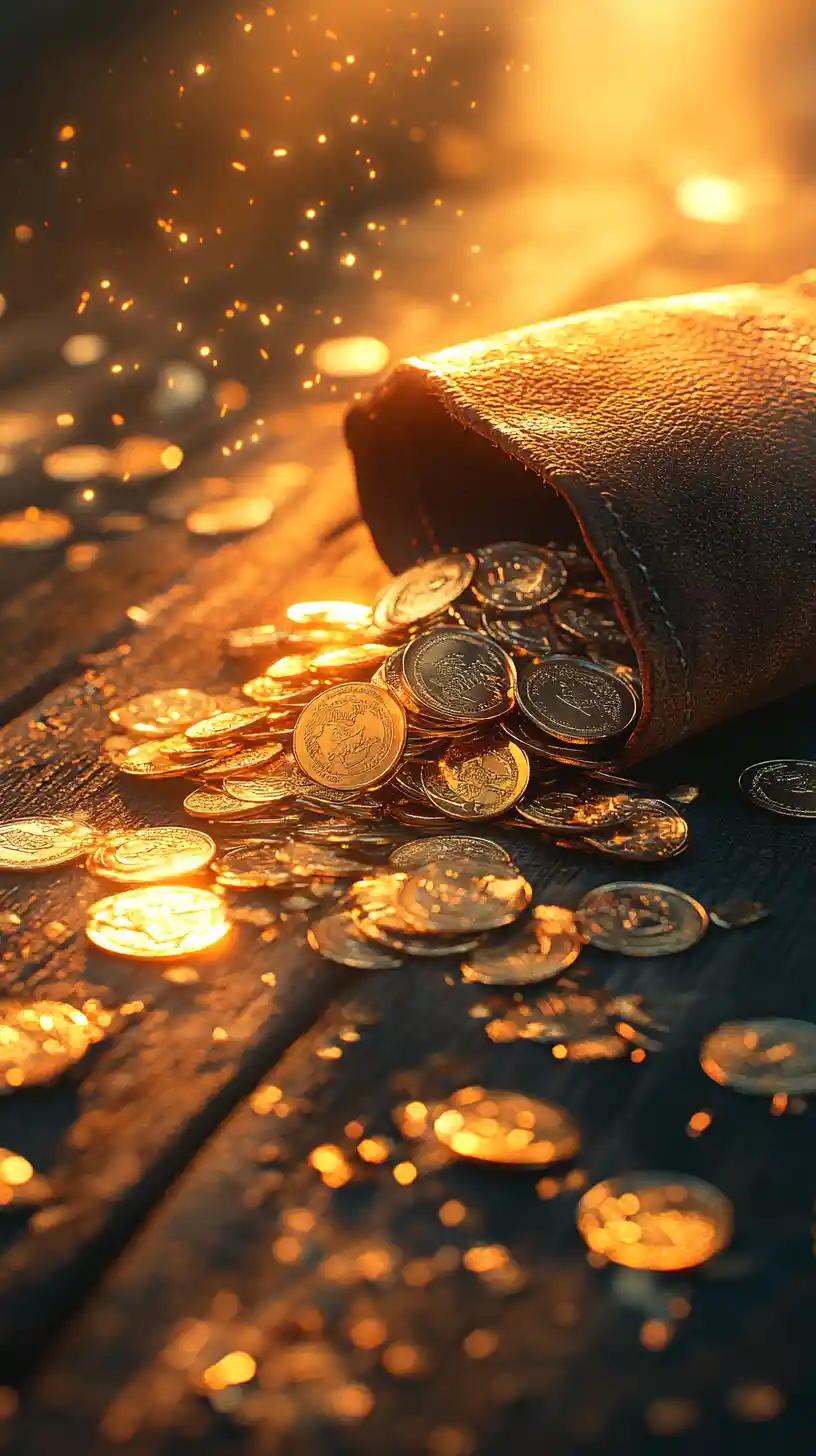 Leather coin pouch spilling gold and silver on table