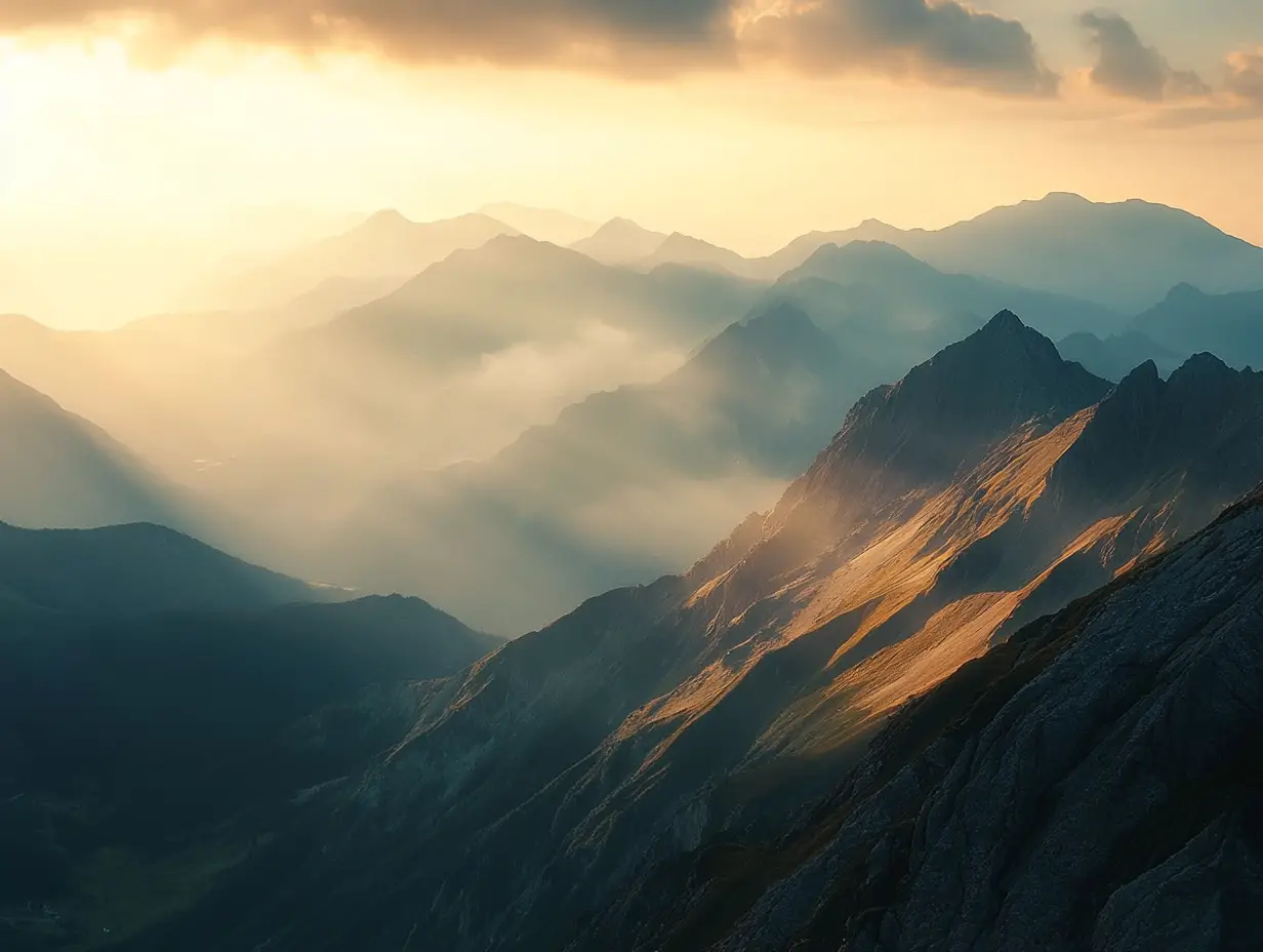 Fine art mountain landscape at sunrise in golden light