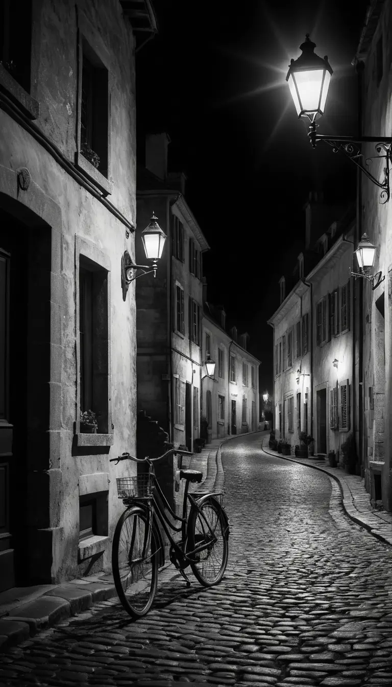 Moonlit French Village Street In Black And White