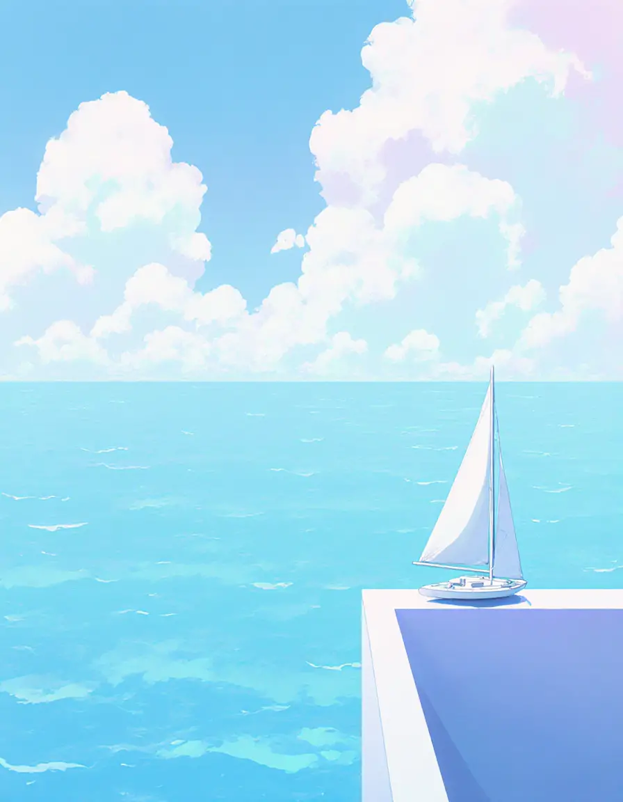 Minimalist anime seascape with sailboat and pastel sky