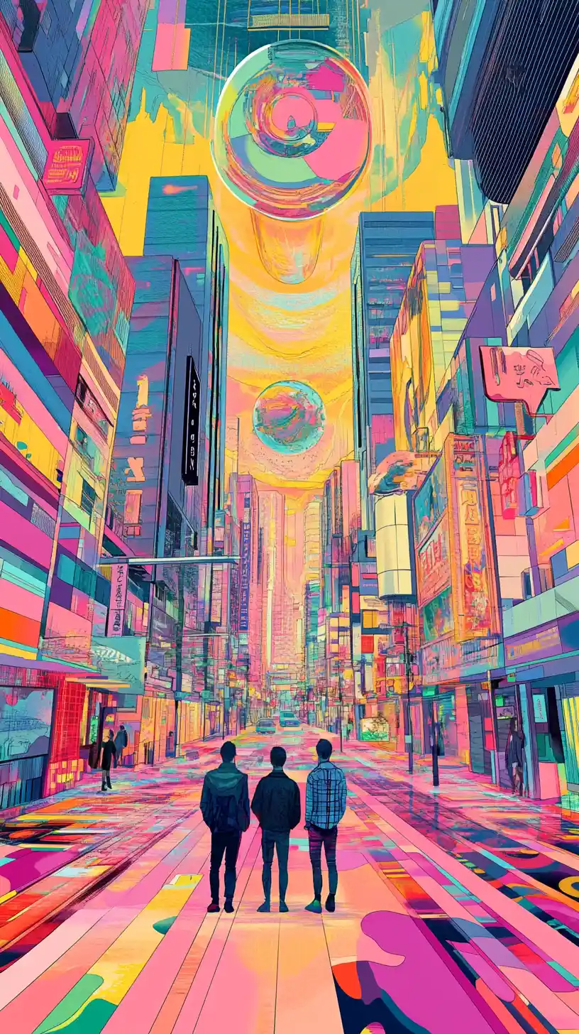 Stylized portrait of a musical duo in futuristic cityscape