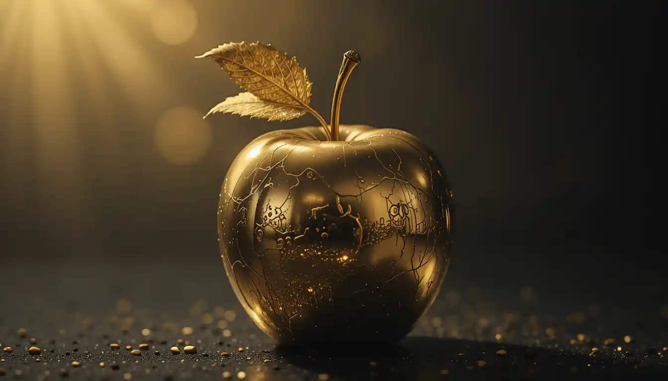 Golden Apple Close Up Showing Rich Shining Metal Detail