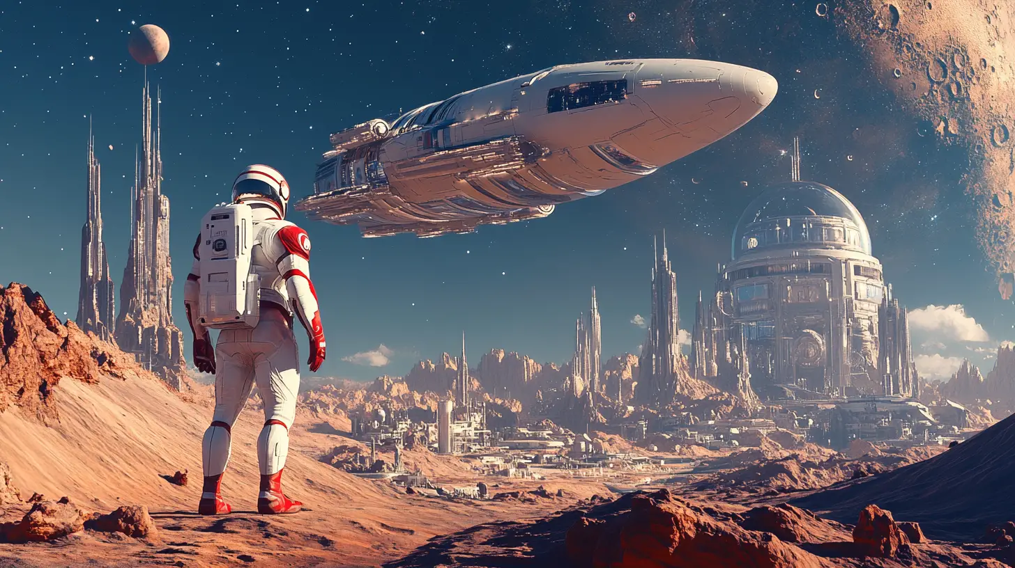 Astronaut And Alien Under Massive Starship Sky