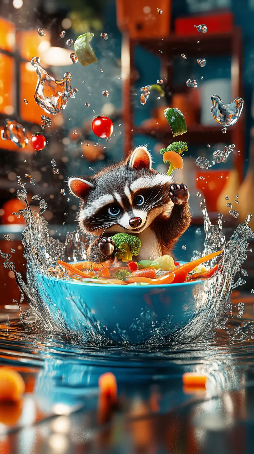 Cartoon raccoon falling into giant steaming soup bowl