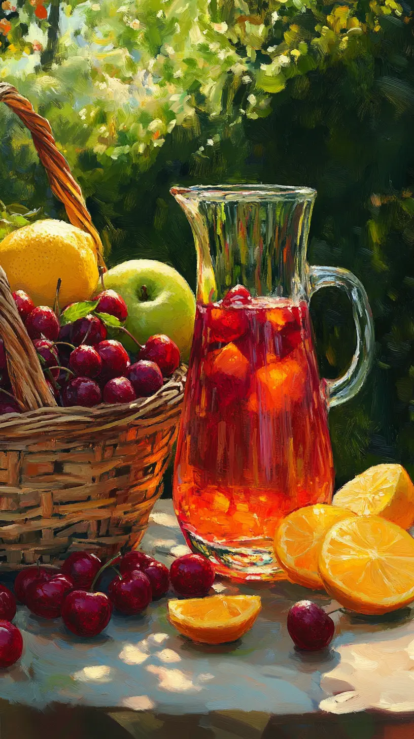Close up of summer fruit basket and juice in garden