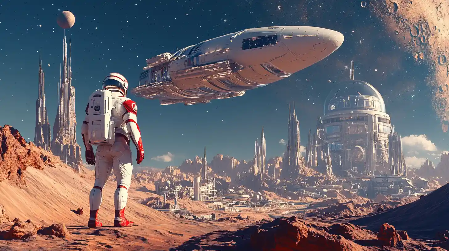 Astronaut And Alien Under Massive Starship Sky