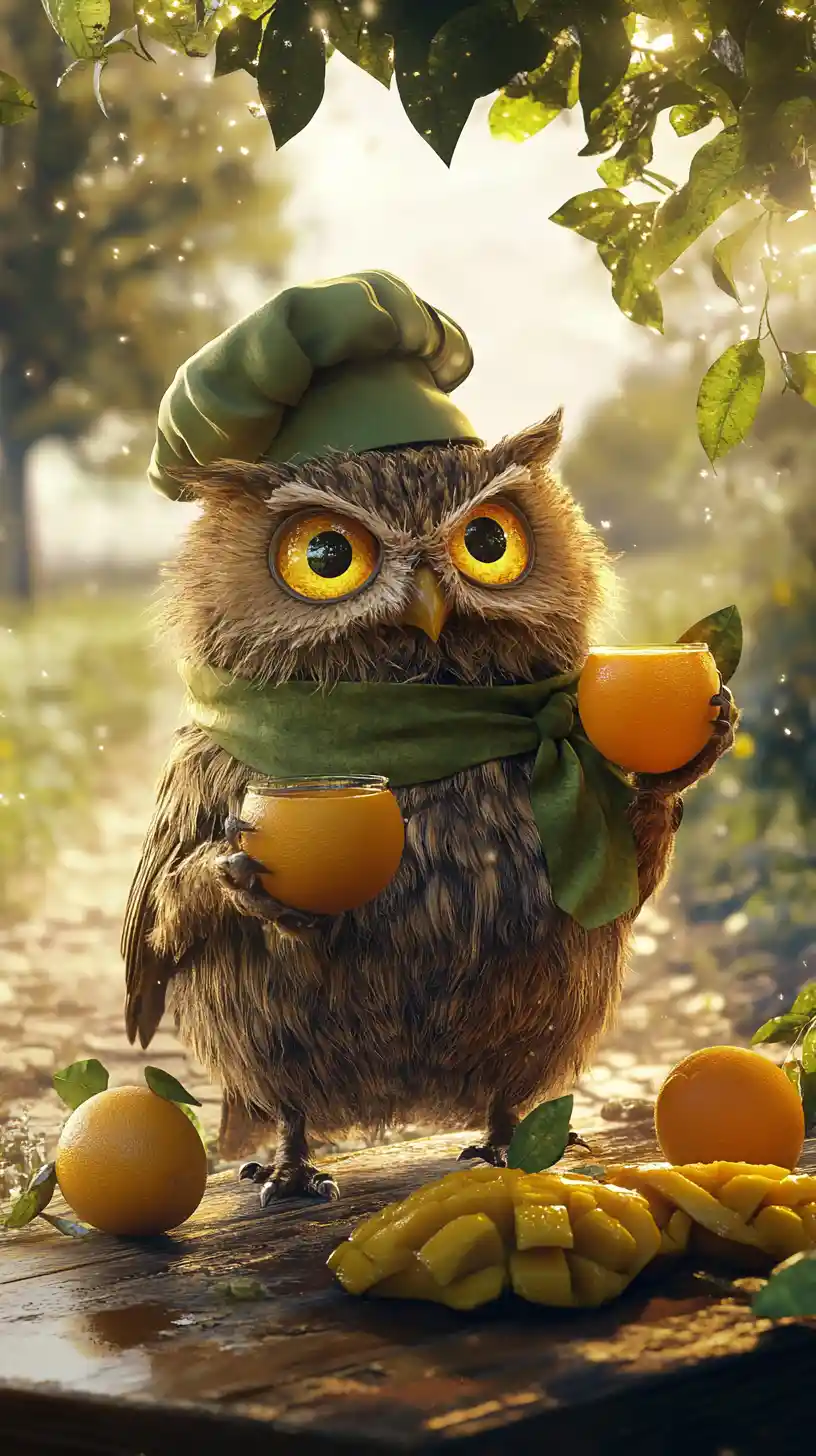 Happy owl making fresh orange juice under tree